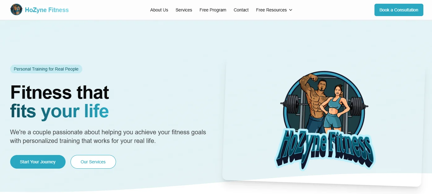 HoZyne Fitness homepage with its services introduction and illustrated fitness logo